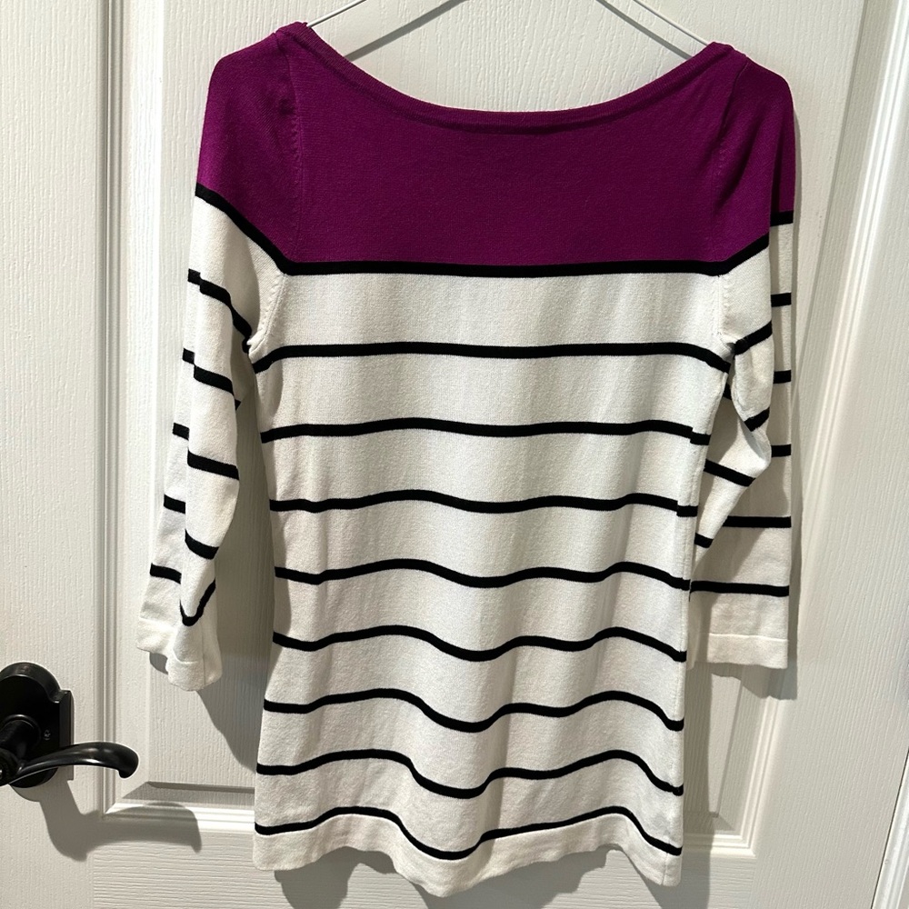 White House Black Market White Black and Purple Striped Side Button Knit Top - Picture 5 of 7